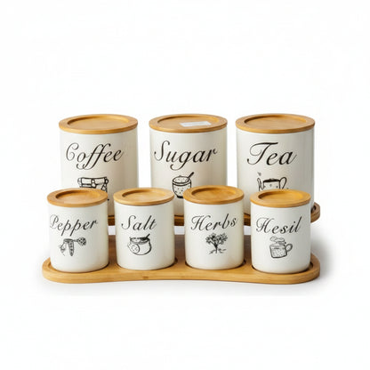 Ensemble de 7 Bocaux à Épices et Condiments – Pots de Cuisine avec Support Double Niveau
