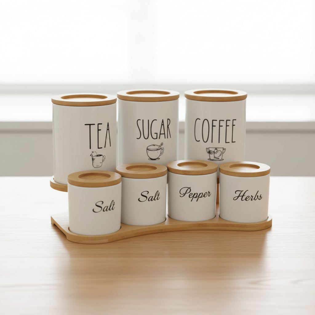 Ensemble de 7 Bocaux à Épices et Condiments – Pots de Cuisine avec Support Double Niveau