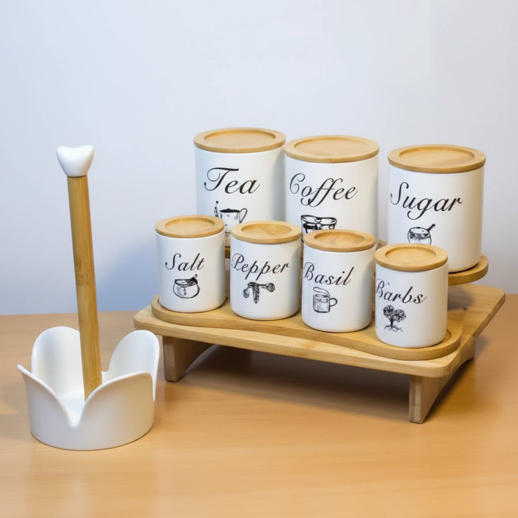 Ensemble de 7 Bocaux à Épices et Condiments – Pots de Cuisine avec Support Double Niveau