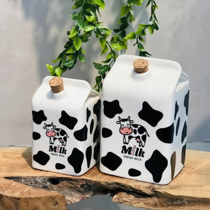 Duo 2 Bouteille à Lait en Céramique Motif Vache – Pichet Design Brique avec Bouchon en Liège