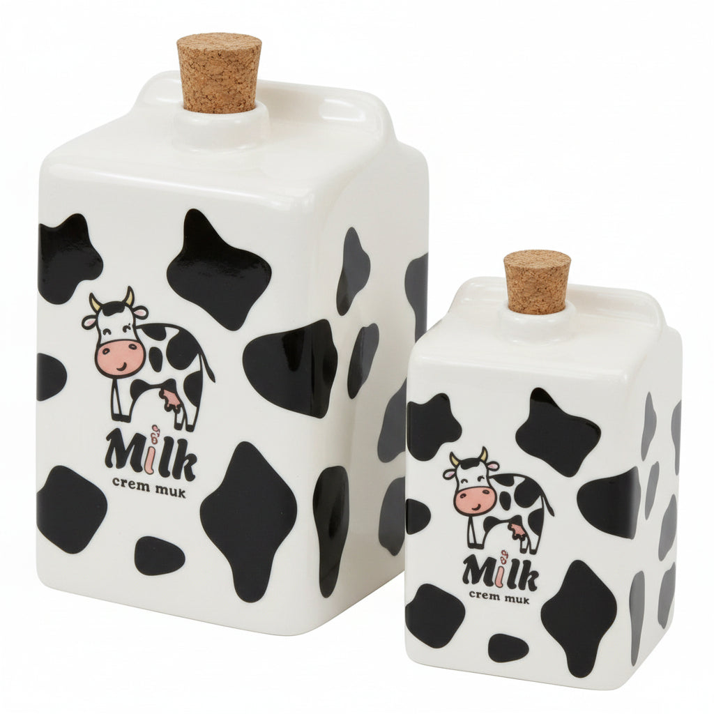 Duo 2 Bouteille à Lait en Céramique Motif Vache – Pichet Design Brique avec Bouchon en Liège