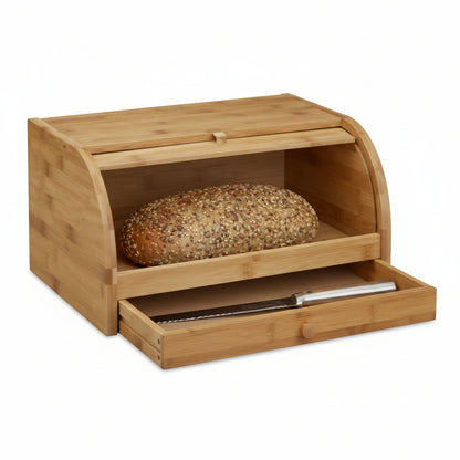 Boîte à Pain en Bambou Double Niveau – Huche à Pain avec Tiroir à Couverts