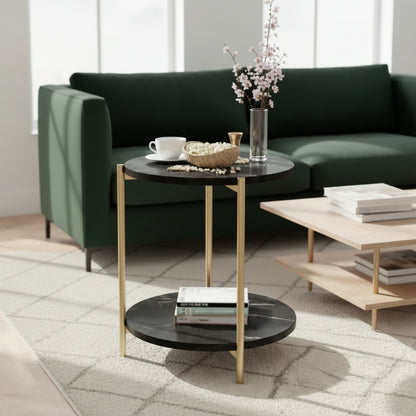 Table d'Appoint Ronde Effet Marbre Noir – Bout de Canapé Luxe et Pieds Dorés