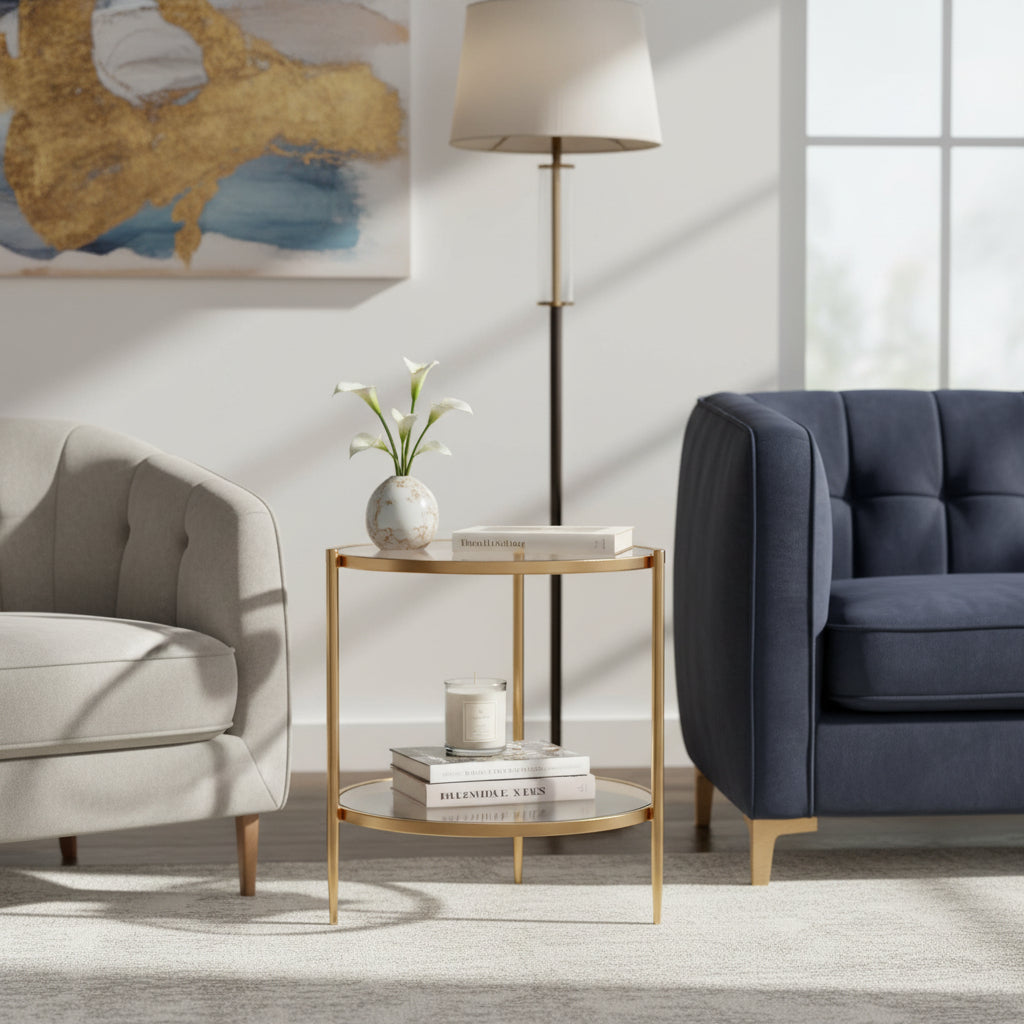 Table d'Appoint Ronde Effet Marbre Noir – Bout de Canapé Luxe et Pieds Dorés
