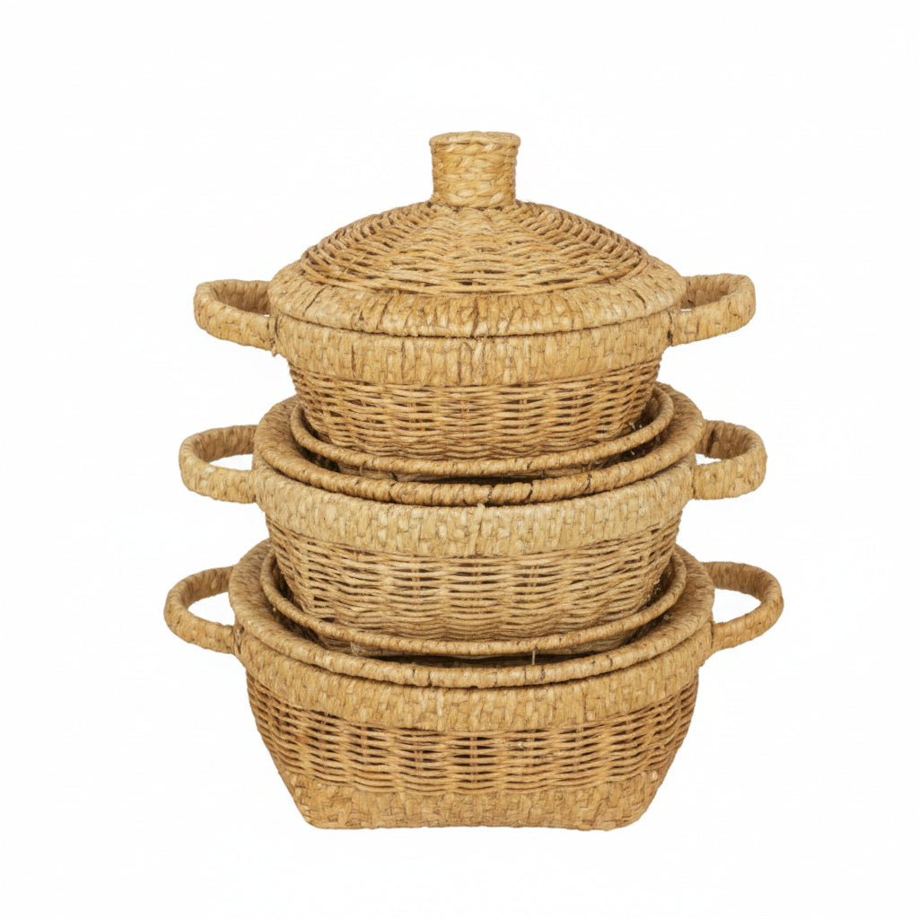 Ensemble de 3 Paniers en Rotin Tressé avec Couvercles – Corbeilles de Rangement et Service