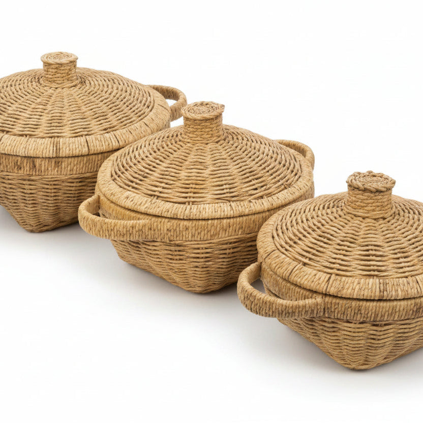 Ensemble de 3 Paniers en Rotin Tressé avec Couvercles – Corbeilles de Rangement et Service