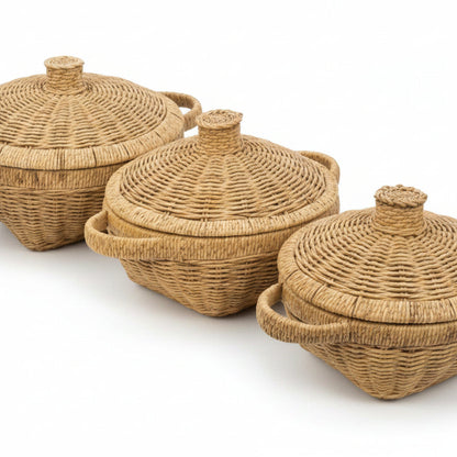 Ensemble de 3 Paniers en Rotin Tressé avec Couvercles – Corbeilles de Rangement et Service