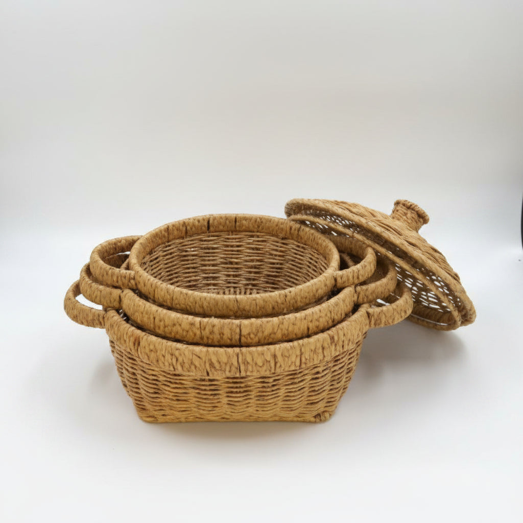 Ensemble de 3 Paniers en Rotin Tressé avec Couvercles – Corbeilles de Rangement et Service