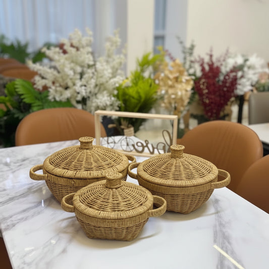 Ensemble de 3 Paniers en Rotin Tressé avec Couvercles – Corbeilles de Rangement et Service