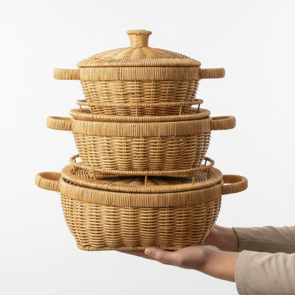 Ensemble de 3 Paniers en Rotin Tressé avec Couvercles – Corbeilles de Rangement et Service