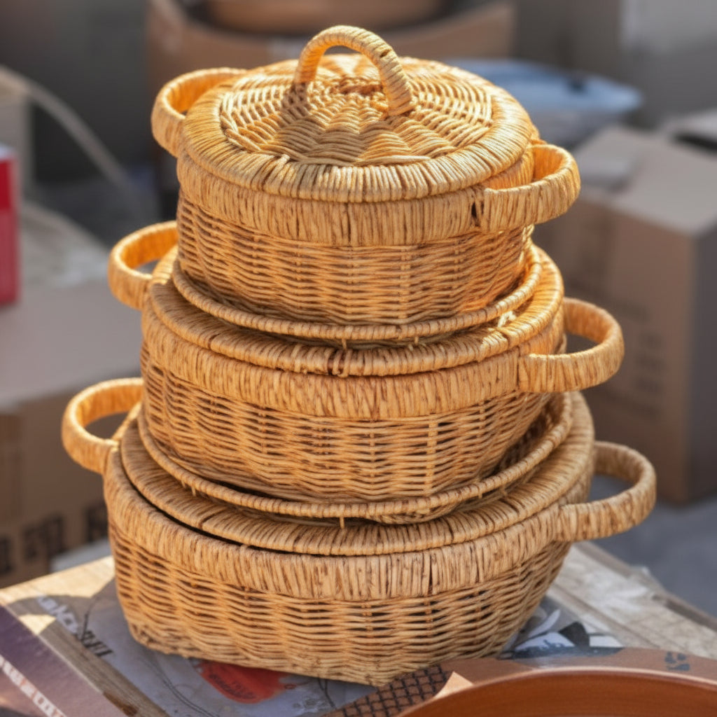 Ensemble de 3 Paniers en Rotin Tressé avec Couvercles – Corbeilles de Rangement et Service