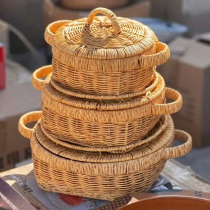 Ensemble de 3 Paniers en Rotin Tressé avec Couvercles – Corbeilles de Rangement et Service