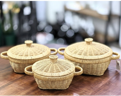 Ensemble de 3 Paniers en Rotin Tressé avec Couvercles – Corbeilles de Rangement et Service