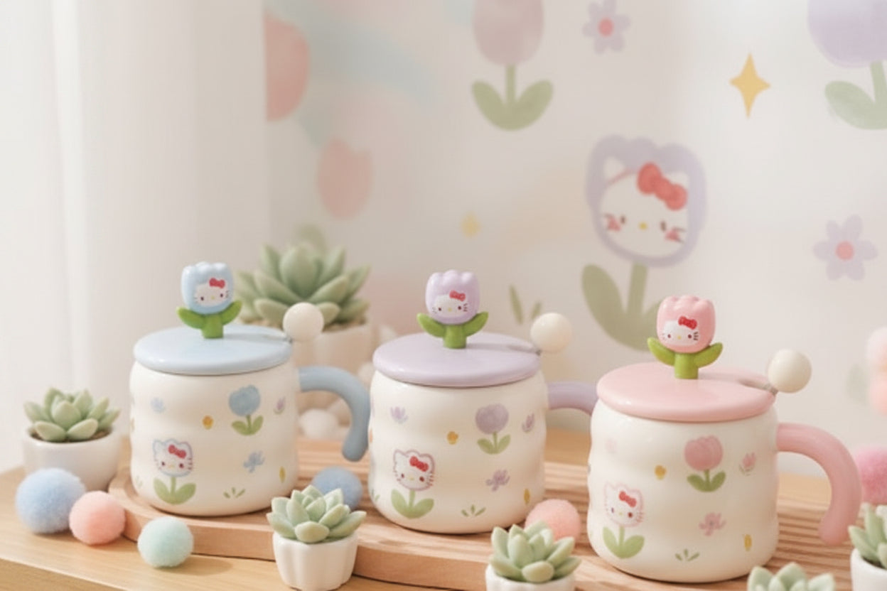 Ensemble de 3 Mugs Kawaii Tulipe et Chat – Tasses Céramique avec Couvercles 3D et Cuillères
