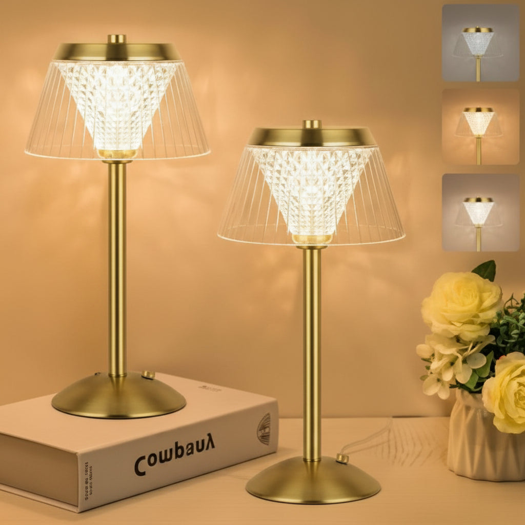 Lampe de Table LED Sans Fil Cristalline – Veilleuse Rechargeable Tactile en Métal Doré