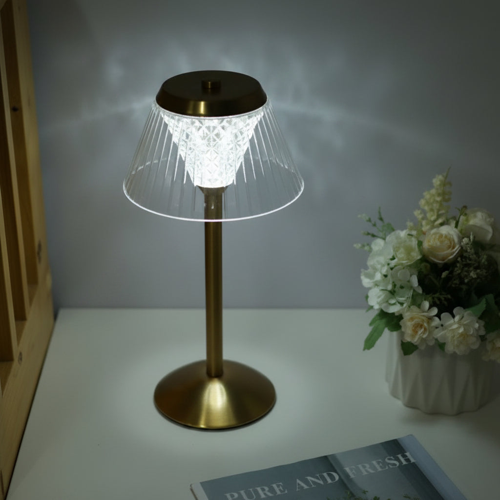 Lampe de Table LED Sans Fil Cristalline – Veilleuse Rechargeable Tactile en Métal Doré