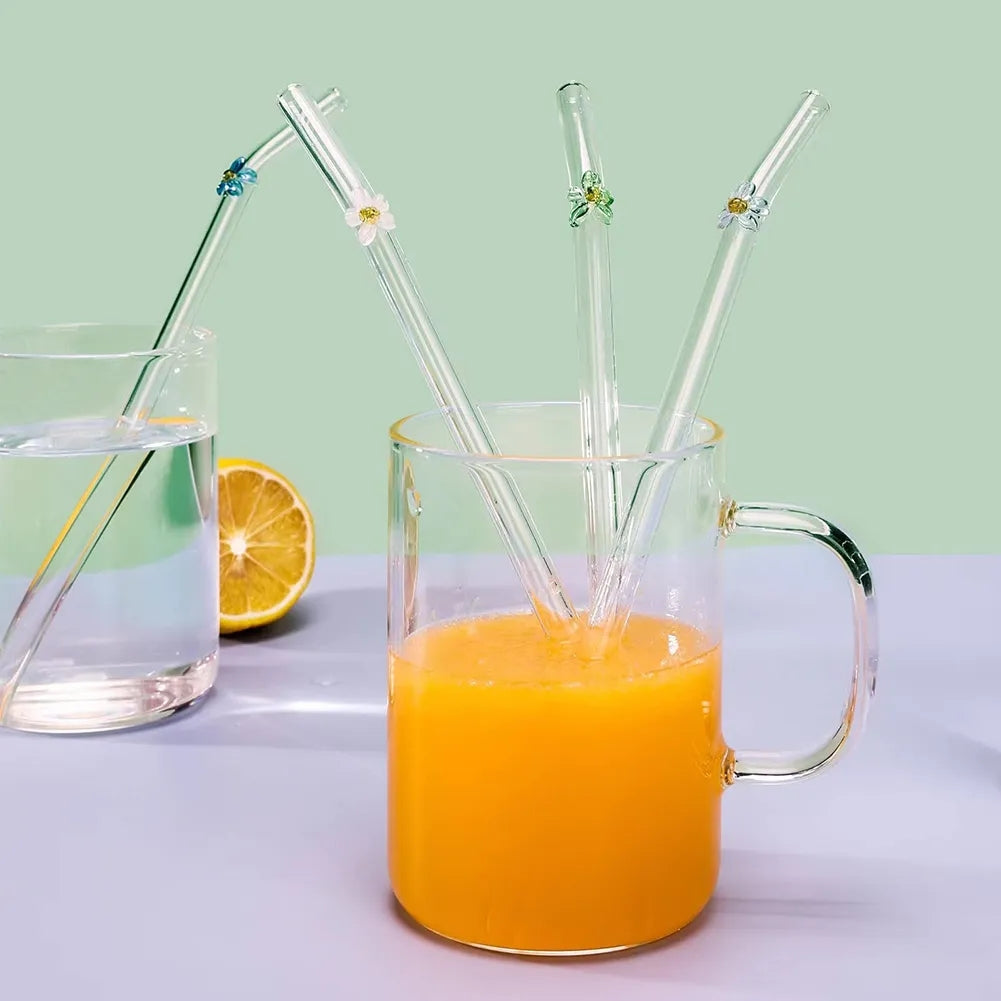 6 Pailles Réutilisables en Verre Borosilicate – Collection Fleur