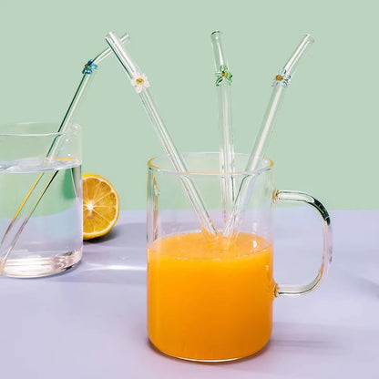 6 Pailles Réutilisables en Verre Borosilicate – Collection Fleur