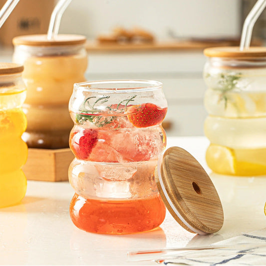 3 Verre Créatif Ondulé avec Couvercle et Paille 250ML