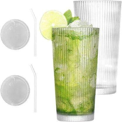 4 Verre Transparent avec Couvercle et Paille