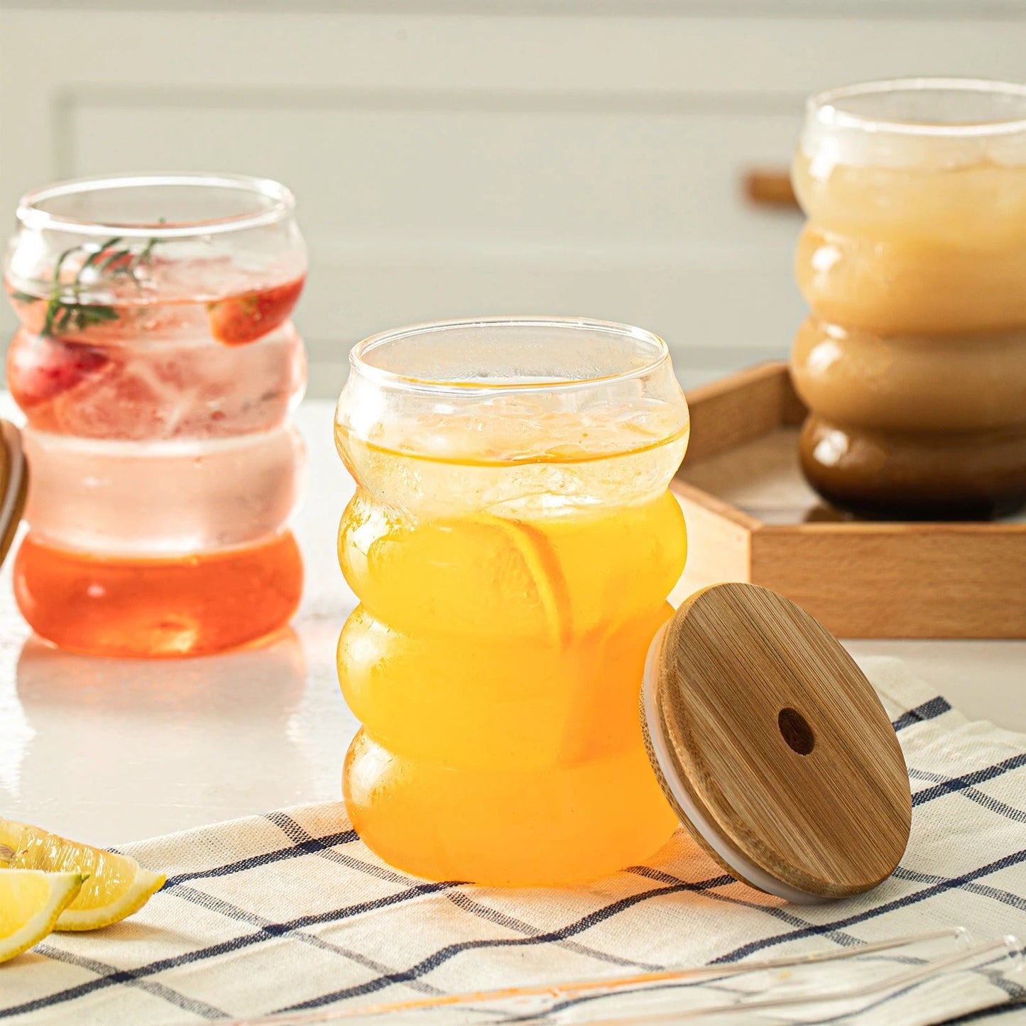 3 Verre Créatif Ondulé avec Couvercle et Paille 250ML