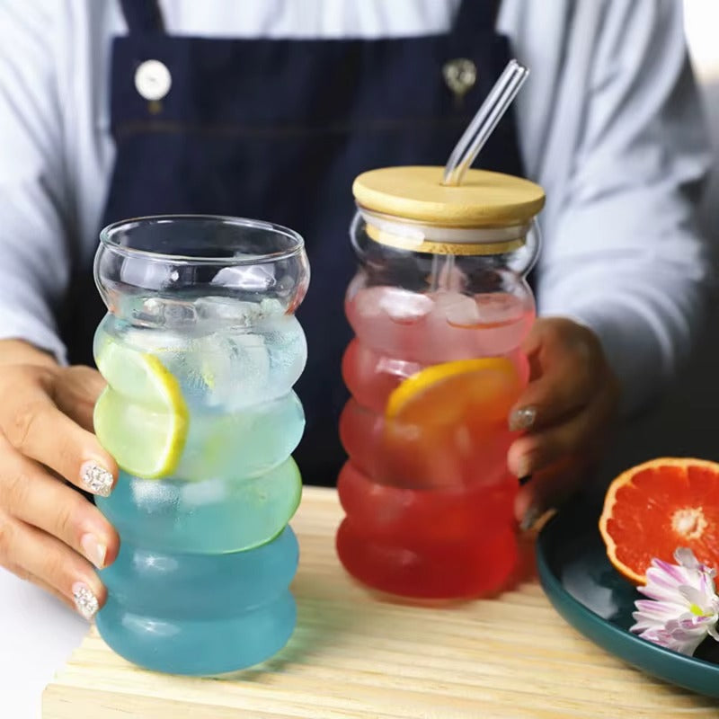 3 Tasse en verre à boisson ondulés avec paille, style vintage