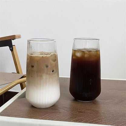 3 Tasse en verre avec couvercle et paille Grande à rayures verticales