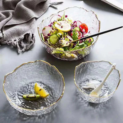 3 Bols à Salade en Verre Transparent avec Bordure Dorée