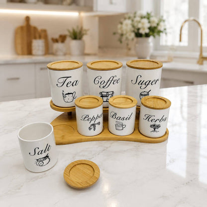 Ensemble de 7 Bocaux à Épices et Condiments – Pots de Cuisine avec Support Double Niveau