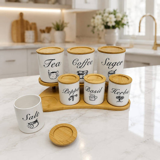 Ensemble de 7 Bocaux à Épices et Condiments – Pots de Cuisine avec Support Double Niveau