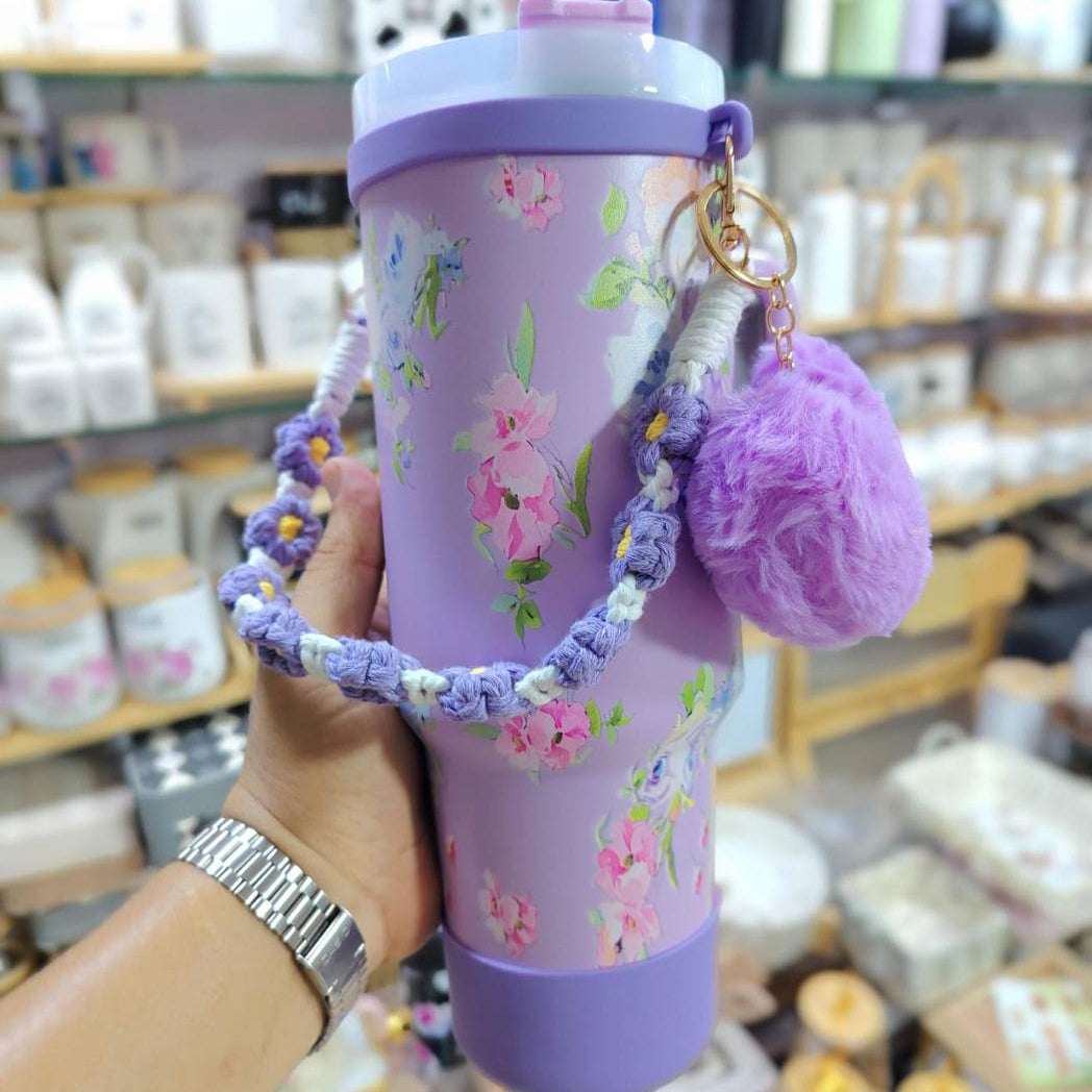 Gobelet Isotherme de Voyage avec Dragonne Fleurie et Pompon – Bouteille Nomade