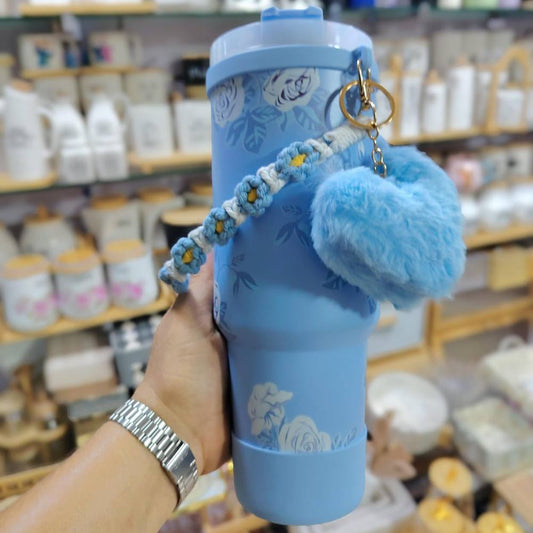 Gobelet Isotherme de Voyage avec Dragonne Fleurie et Pompon – Bouteille Nomade