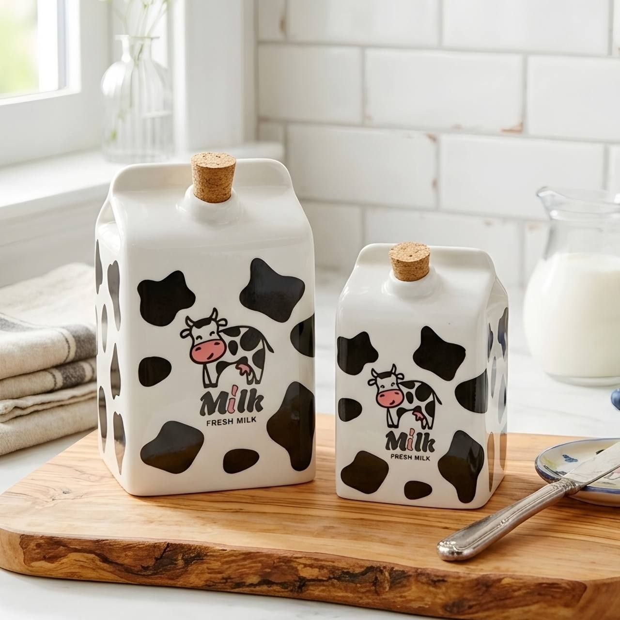 Duo 2 Bouteille à Lait en Céramique Motif Vache – Pichet Design Brique avec Bouchon en Liège