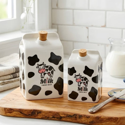 Duo 2 Bouteille à Lait en Céramique Motif Vache – Pichet Design Brique avec Bouchon en Liège