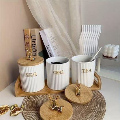 Ensemble de 3 Bocaux à Épices en Céramique – Pots Thé Café Sucre avec Support