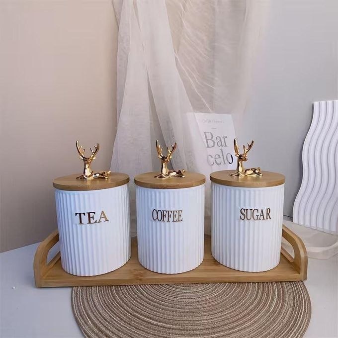 Ensemble de 3 Bocaux à Épices en Céramique – Pots Thé Café Sucre avec Support