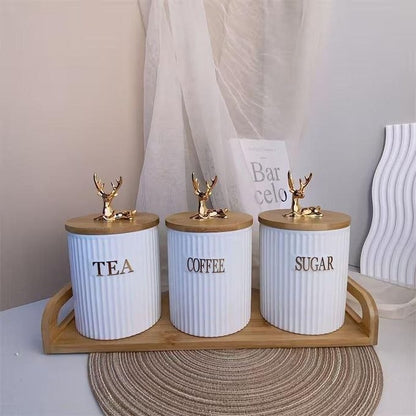 Ensemble de 3 Bocaux à Épices en Céramique – Pots Thé Café Sucre avec Support