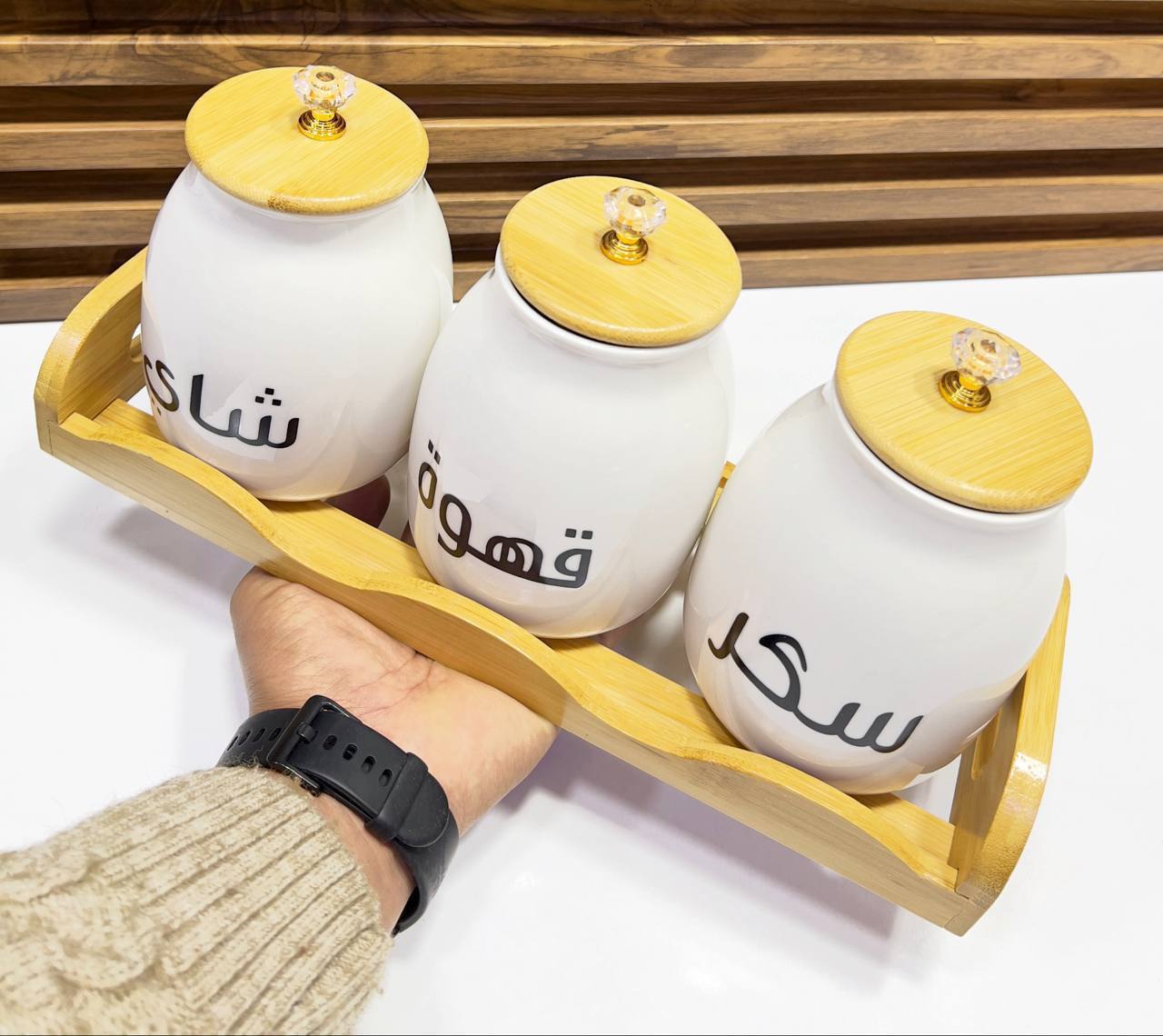 Ensemble de 3 Bocaux à Épices en Céramique – Pots Thé Café Sucre avec Support