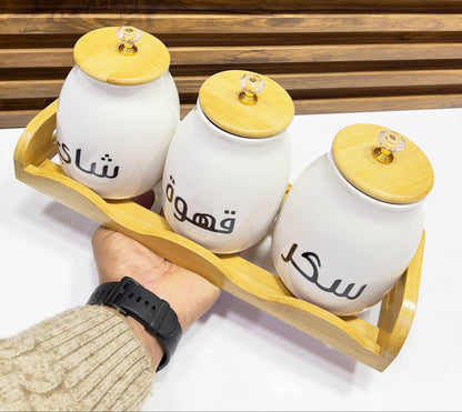 Ensemble de 3 Bocaux à Épices en Céramique – Pots Thé Café Sucre avec Support