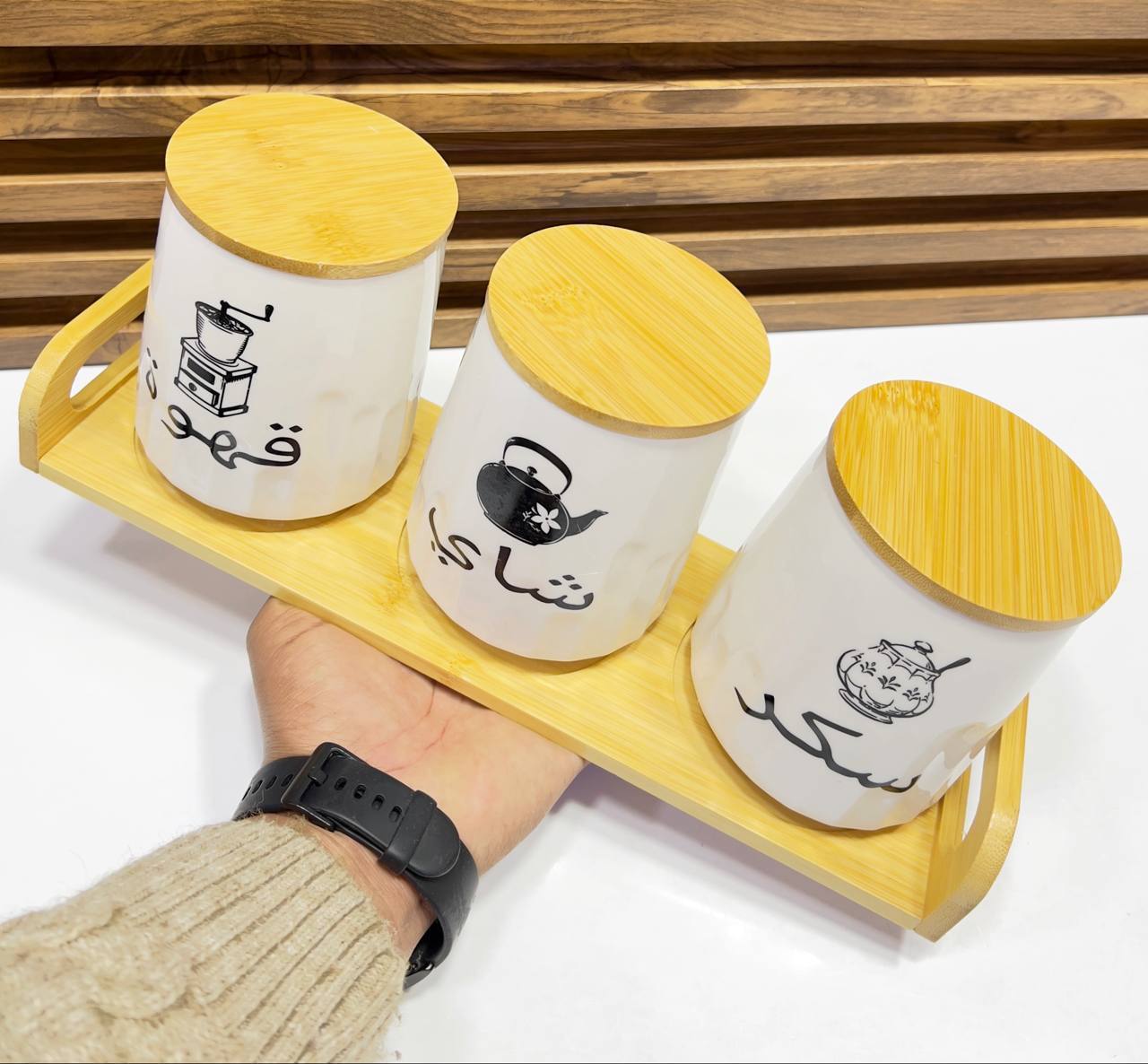 Ensemble de 3 Bocaux à Épices en Céramique – Pots Thé Café Sucre avec Support