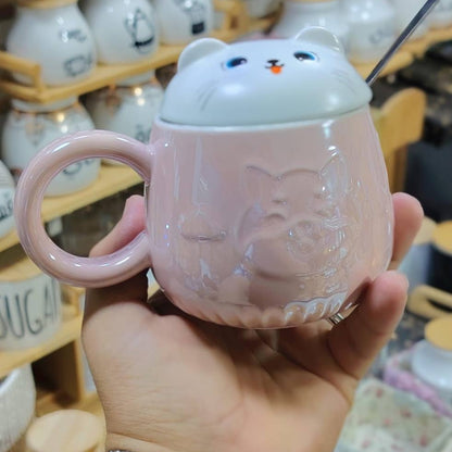 Ensemble de 3 Mugs Kawaii en Céramique – Tasses Animaux avec Couvercles et Cuillères