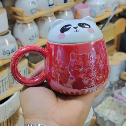 Ensemble de 3 Mugs Kawaii en Céramique – Tasses Animaux avec Couvercles et Cuillères
