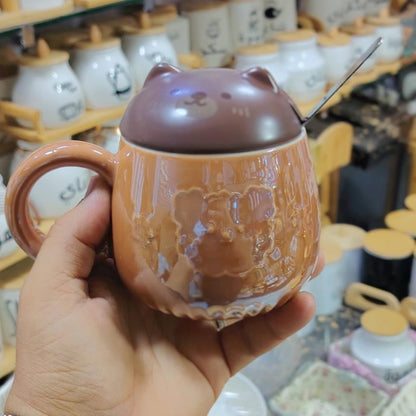 Ensemble de 3 Mugs Kawaii en Céramique – Tasses Animaux avec Couvercles et Cuillères