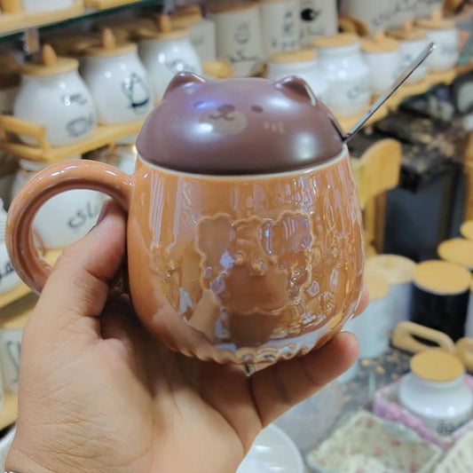 Ensemble de 3 Mugs Kawaii en Céramique – Tasses Animaux avec Couvercles et Cuillères