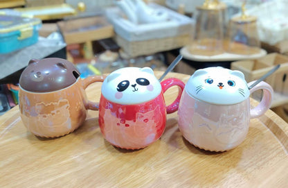 Ensemble de 3 Mugs Kawaii en Céramique – Tasses Animaux avec Couvercles et Cuillères