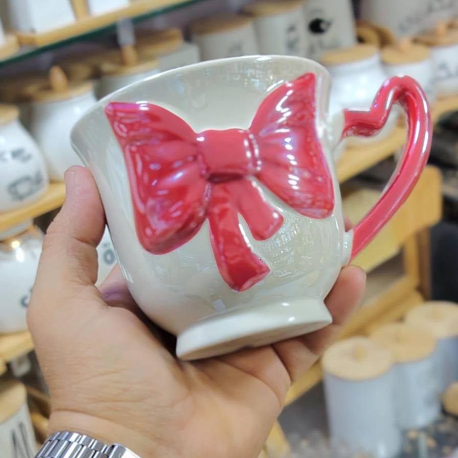 Ensemble 2 Tasse en Céramique Ruban et Poignée Cœur – Mug Romantique Coquette Style