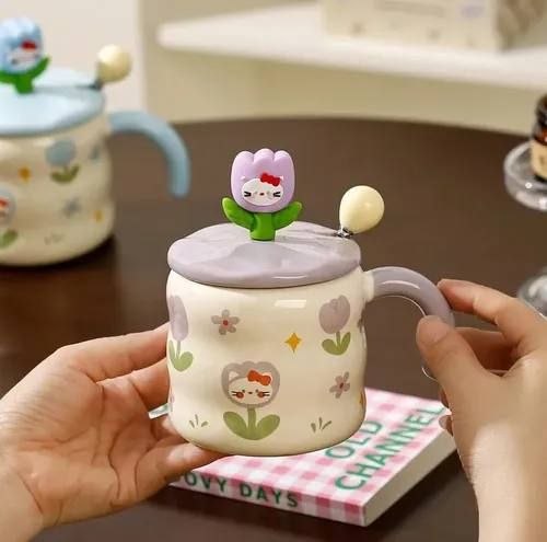Ensemble de 3 Mugs Kawaii Tulipe et Chat – Tasses Céramique avec Couvercles 3D et Cuillères