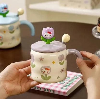 Ensemble de 3 Mugs Kawaii Tulipe et Chat – Tasses Céramique avec Couvercles 3D et Cuillères