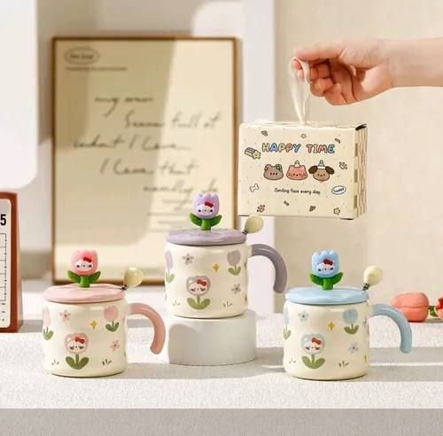 Ensemble de 3 Mugs Kawaii Tulipe et Chat – Tasses Céramique avec Couvercles 3D et Cuillères