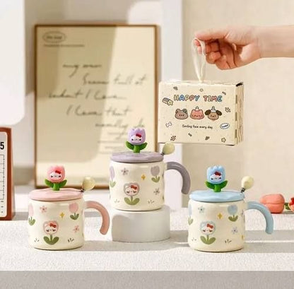 Ensemble de 3 Mugs Kawaii Tulipe et Chat – Tasses Céramique avec Couvercles 3D et Cuillères